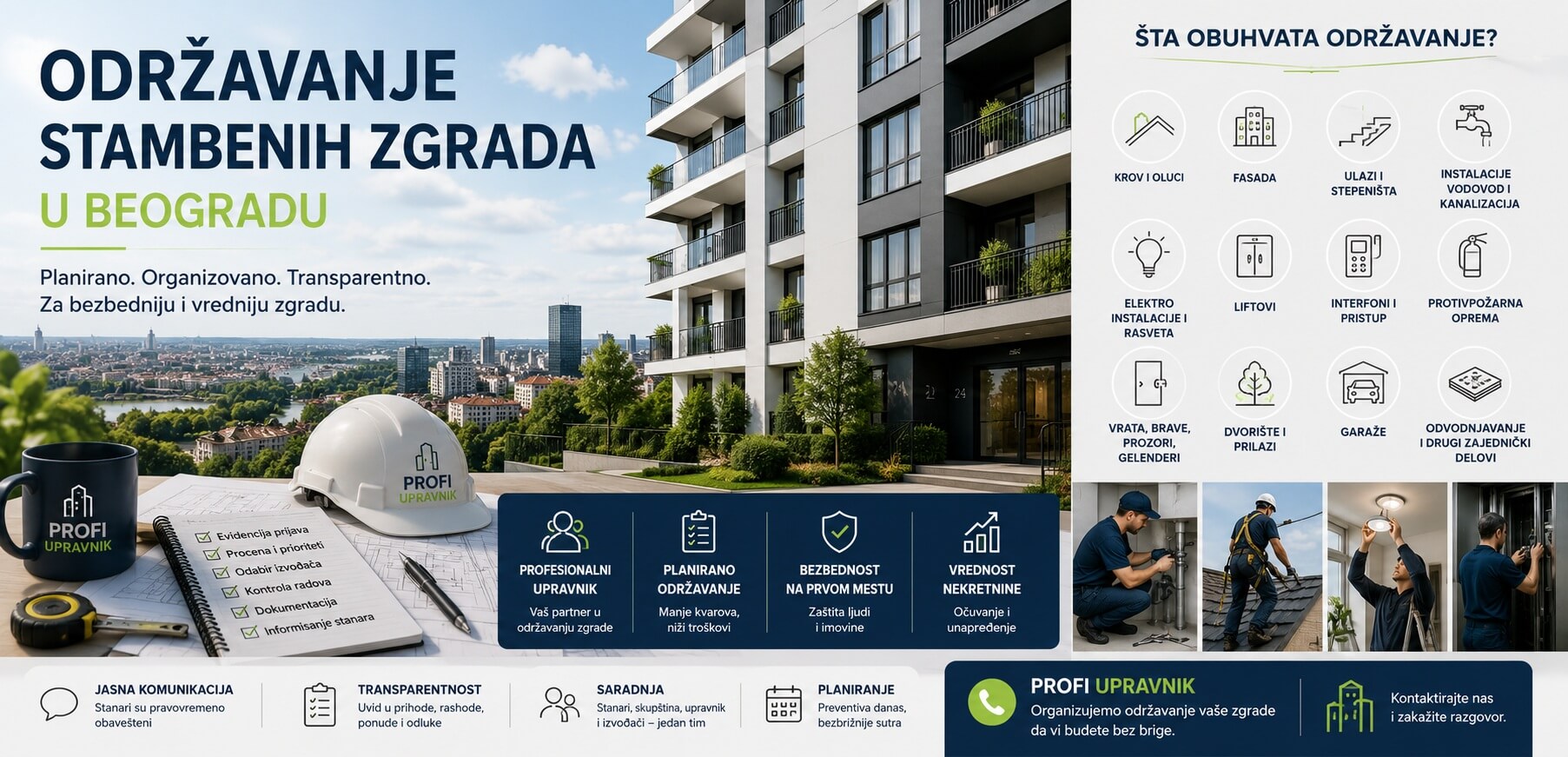 Infografika o održavanju stambenih zgrada u Beogradu, zajedničkim delovima zgrade, planiranju radova i ulozi profesionalnog upravnika